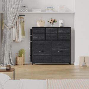 12 Dresser for Bedroom, Chest of Drawers for Bedroom with Side Pockets and Hooks, Fabric Storage Dresser, Sturdy Steel Frame, Wood Top, Easy Pull Handle (Charcoal Black)