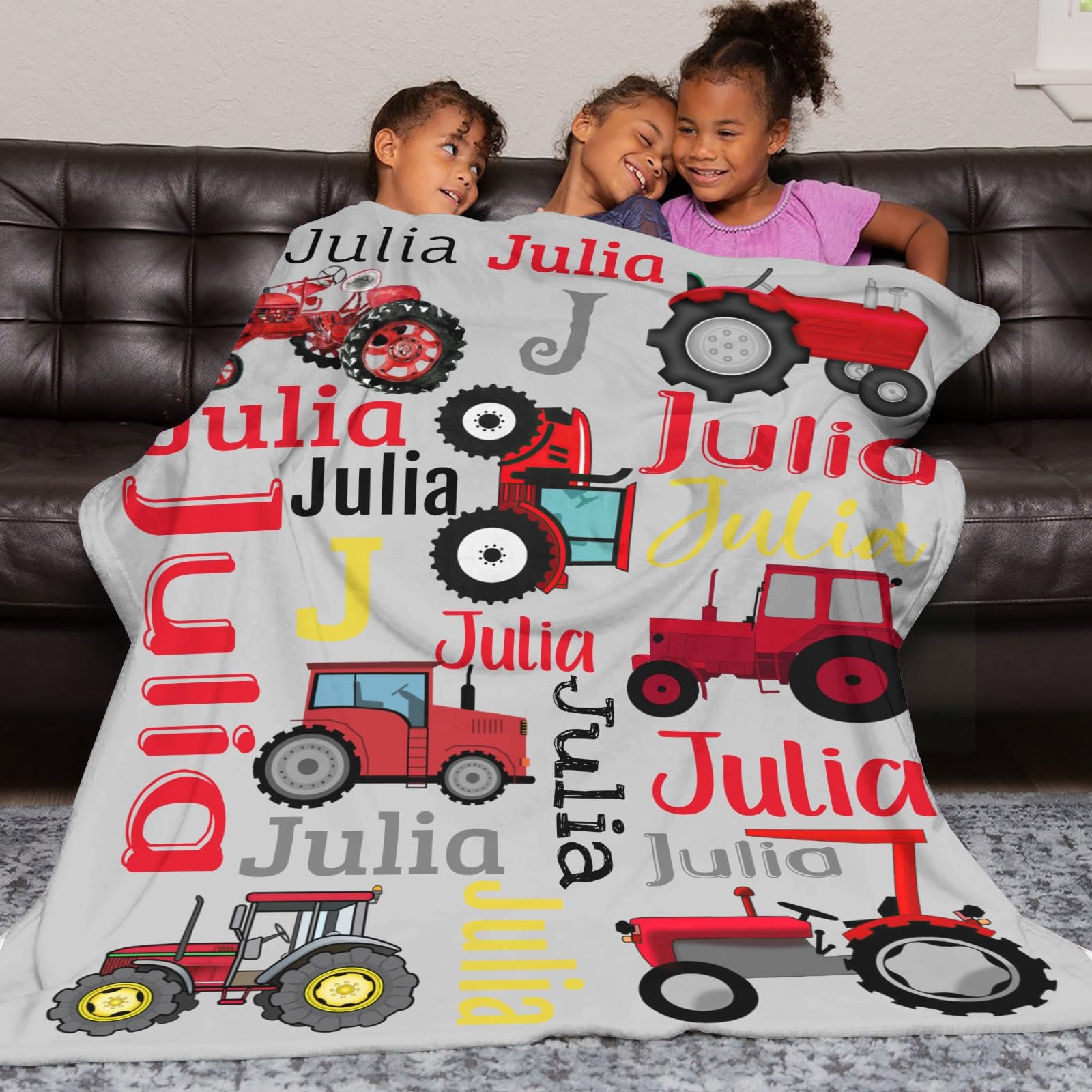 Zaaprint Red Truck Tractor Personalized Blankets with Name Customized Baby Blankets for Girls Boys Adults Kids Day Gift(50x60 inch)