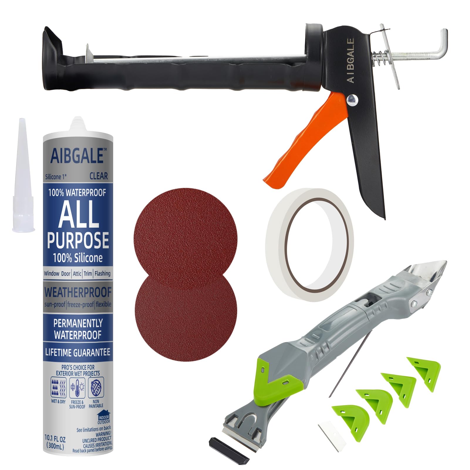 Variety Caulking Tool Kit, Caulking Gun, Silicone Sealant with Gun - All-Purpose 100% Clear Silicone Caulk (10 oz Tube), and 5 in 1 Scraper/Smoothing Tool, Sandpaper, Gloves and Masking Tape