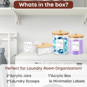 COAZEX 3 Pack Acrylic Laundry Powder Container & Dryer Sheet Holder, Large Laundry Room Organization Jars and Storage Box Dispenser with Lid, Labels & Scoop for Powder, Detergent, Scent Booster