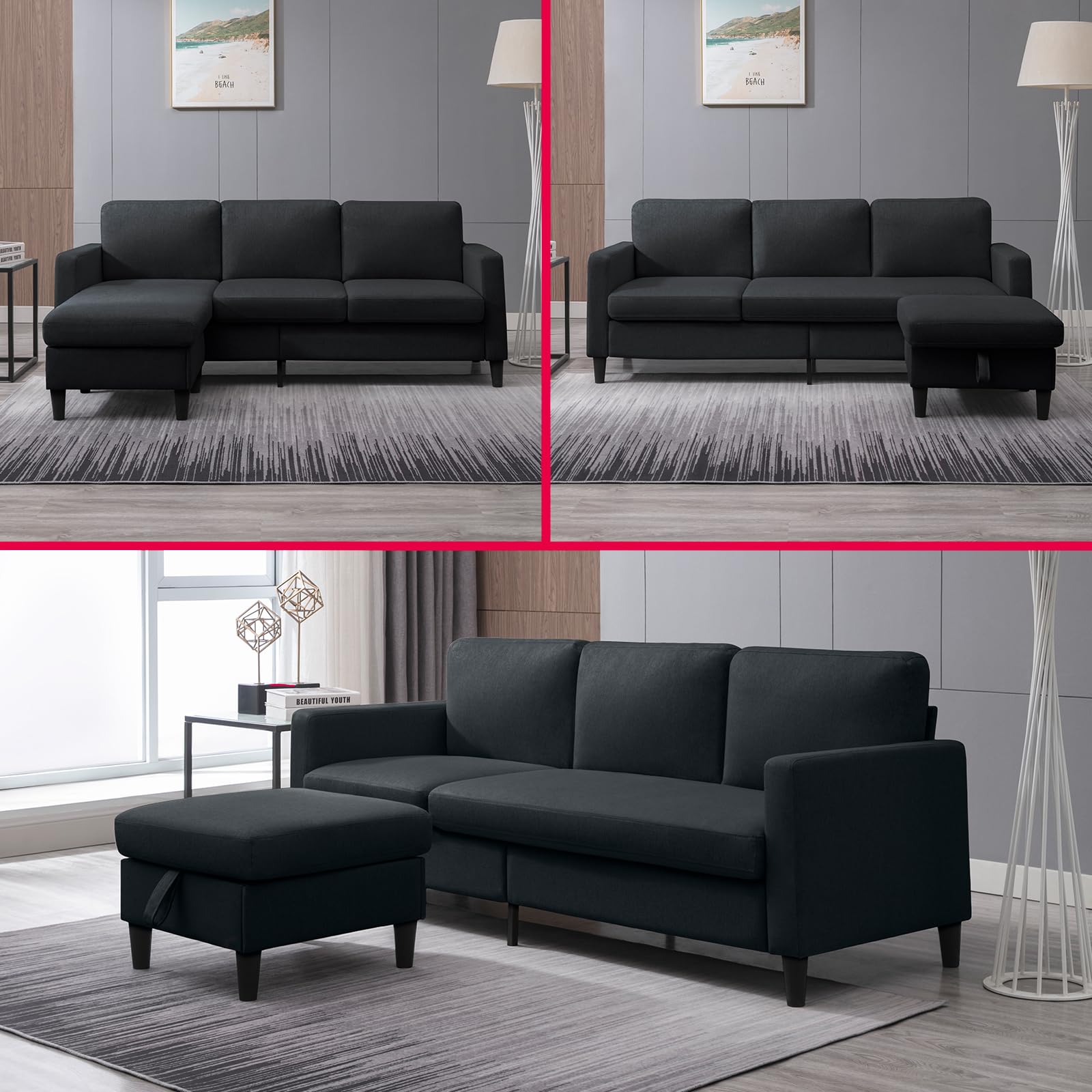 MUZZ Sectional Sofa with Movable Ottoman, Modern Linen L-Shaped Couch,3-Seater Sofa with Storage Ottoman,Free Combination Sectional Couch for Living Room/Office(Dark Grey)