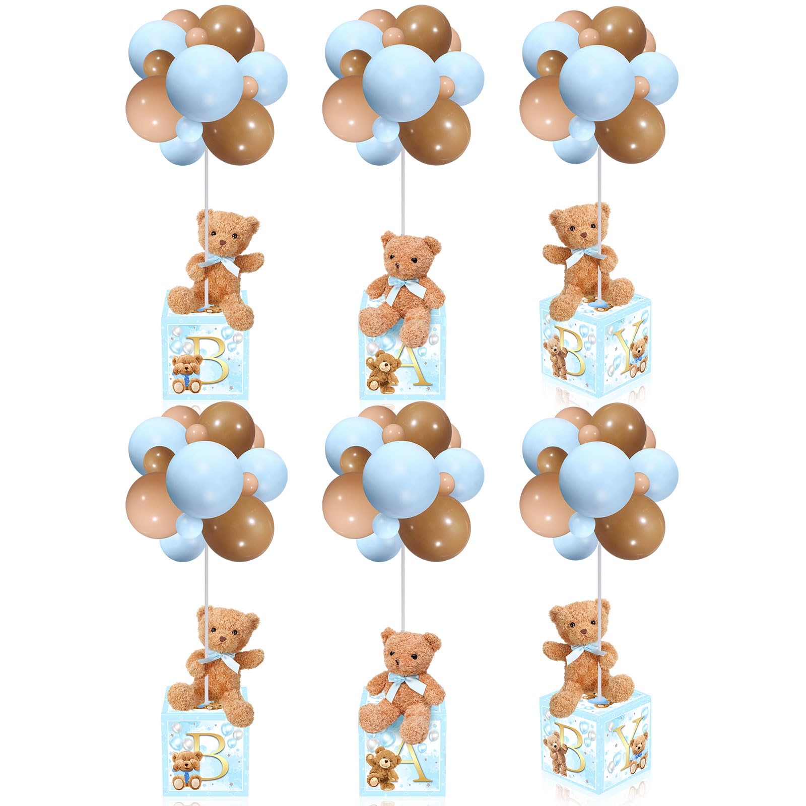 Lenwen 6 Sets Blue Bear Decorations for Baby Shower, Baby Letter Boxes Baby Shower Table Centerpieces Bear Stuffed Animals Balloon with Stand Bear Plush Toy Baby Boxes for Birthday Party Wedding