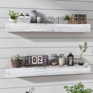 ROOREVO Wall Floating Shelves, Rustic Wood Shelf for Wall Mounted - Wooden Handmade Shelves for Bathroom Kitchen Livingroom(Distressed White, 36 Inch - 2 Pack