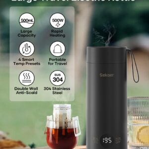 Sekaer Small Travel Portable Electric Kettle, Mini Tea Kettle Hot Water Boiler, 0.5L & 500Watts, with 4 Variable Presets and 304 Stainless Steel, SKE-850B