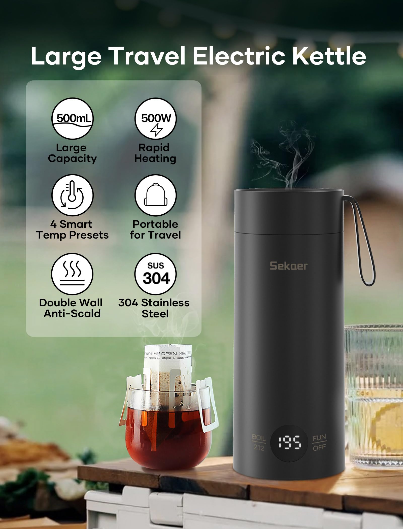 Sekaer Small Travel Portable Electric Kettle, Mini Tea Kettle Hot Water Boiler, 0.5L & 500Watts, with 4 Variable Presets and 304 Stainless Steel, SKE-850B