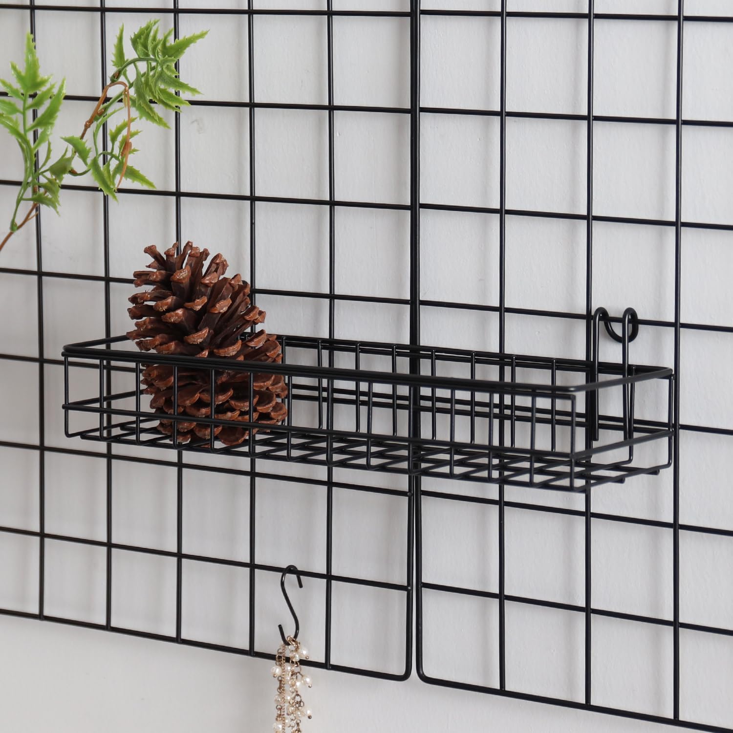 PEAUARL Metal Mesh Wall Grid Panel Hanging Basket,Display Shelf,Pen Holder,Hooks Rack,Bookshelf,Decorative Desk Storage Organizer for Office,Study,Set of 5 (Black)