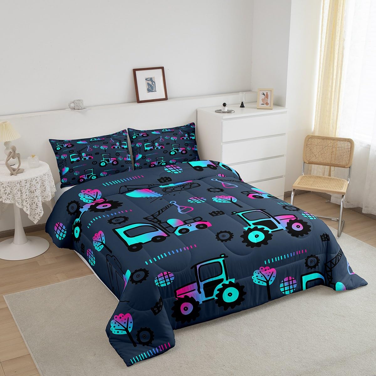 Feelyou Machinery Truck Bedding Set Twin Size Cartoon Vehicles Comforter Set for Boys Girls Teens Dark Grey Comforter Excavator Tractor Quilt Set 2Pcs