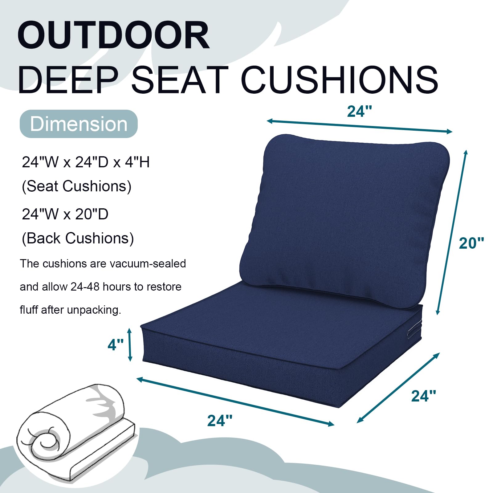 DYTXIII Outdoor Deep Seat Cushions Set 24 x 24 Inch for Patio Furniture,Water Resistant Chair Cushions Replacement Includes Seat Cushion & Back Pillow for Couch Sofa, Wicker Chair - Navy Blue