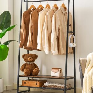 Asgolion Clothing Rack, Clothes Rack for Hanging Clothes, Garment Rack with 2 Shelves and 4 Hooks, Metal Standing Clothes rack for Bedroom, Closet, Rustic Brown