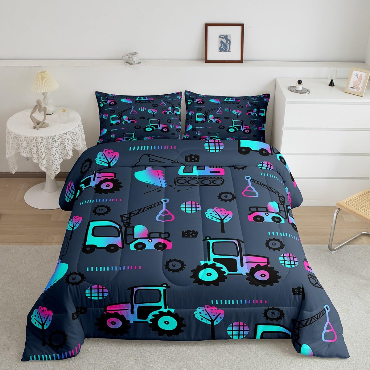 Feelyou Machinery Truck Bedding Set Twin Size Cartoon Vehicles Comforter Set for Boys Girls Teens Dark Grey Comforter Excavator Tractor Quilt Set 2Pcs