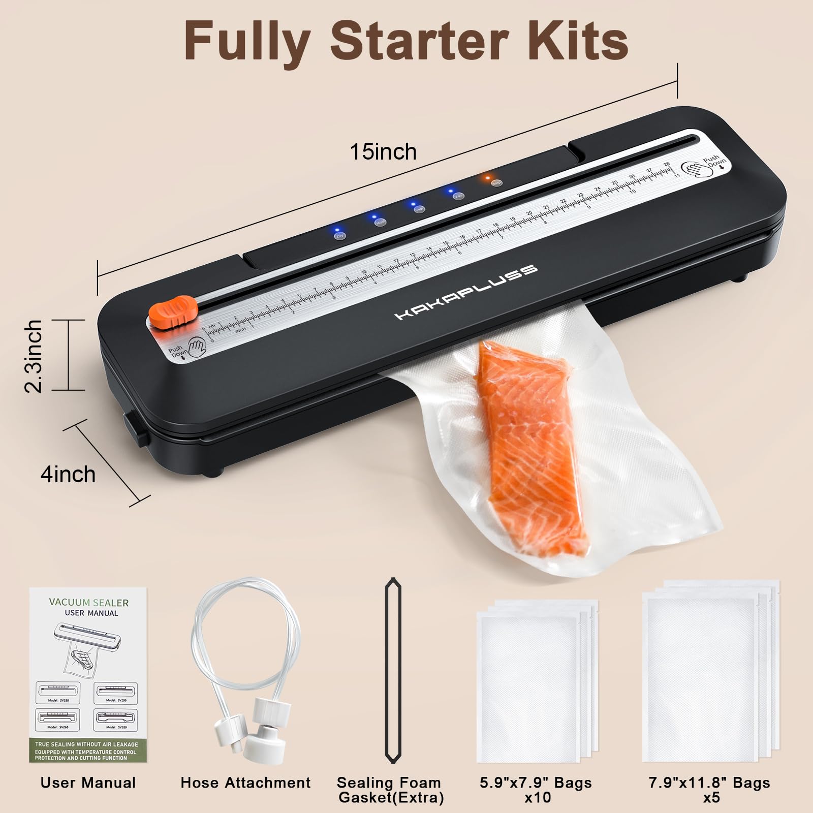 Vacuum Sealer, Automatic Food Sealer Machine, Dry/Moist Sealer, Built-in Cutter, with 15 Sealing Bags & Air Suction Hose & Extra Gasket, for Bags, Jars and Containers Food Fresh and Storage, Black