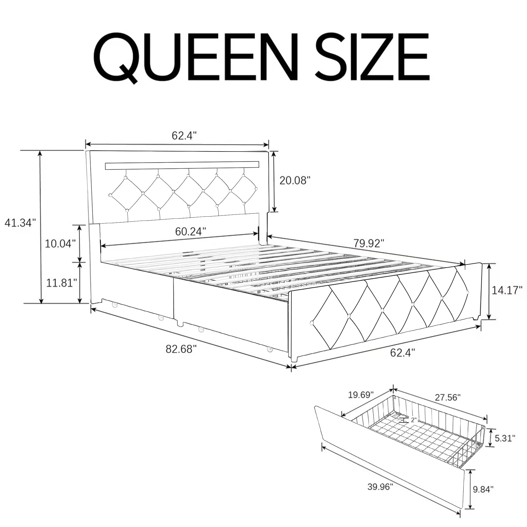 Kallabe Queen Size Bed Frame with 4 Drawers and LED Adjustable Headboard, Charge Station, Upholstered Platform Bed with Solid Wooden Slats Support, No Box Spring Needed, White