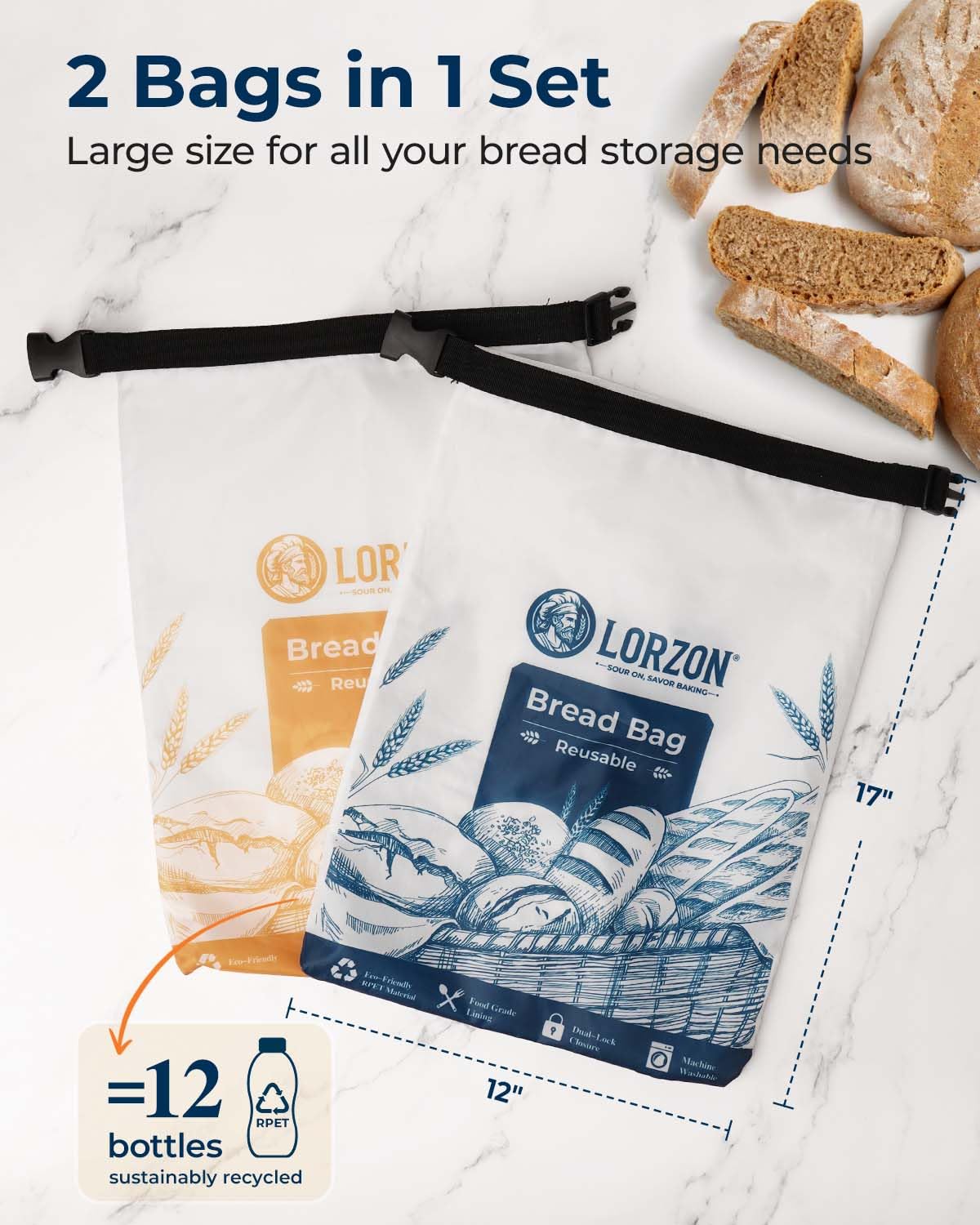 2-Pack Bread Bags to Keep Fresh, Reusable Bread Bags for Homemade Bread, Sourdough Bread Bags with Zipper, Large Bread Loaf Freezer Bags