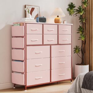 12 dresser for bedroom, chest of drawers for bedroom with side pockets and hooks, fabric storage dresser, sturdy steel frame, wood top, easy pull handle (pink)