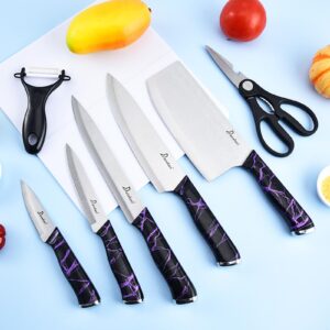 FTNESGYM Knife Set, 9-Piece Kitchen Knife Set with Block, Sharp Stainless Steel Chef Knife Set, Professional Cooking Knife Set with Foldable Cutting Board, Knives with Ergonomic Handle (Purple)