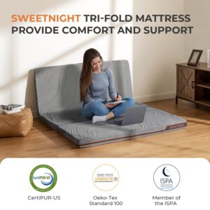 Sweetnight Trifold Mattress with Carry Bag - 4 Inch Portable Floor Mattress with Breathable & Washable Cover | Foldable Mattress Topper for Travel, Camping, Guest Grey Full