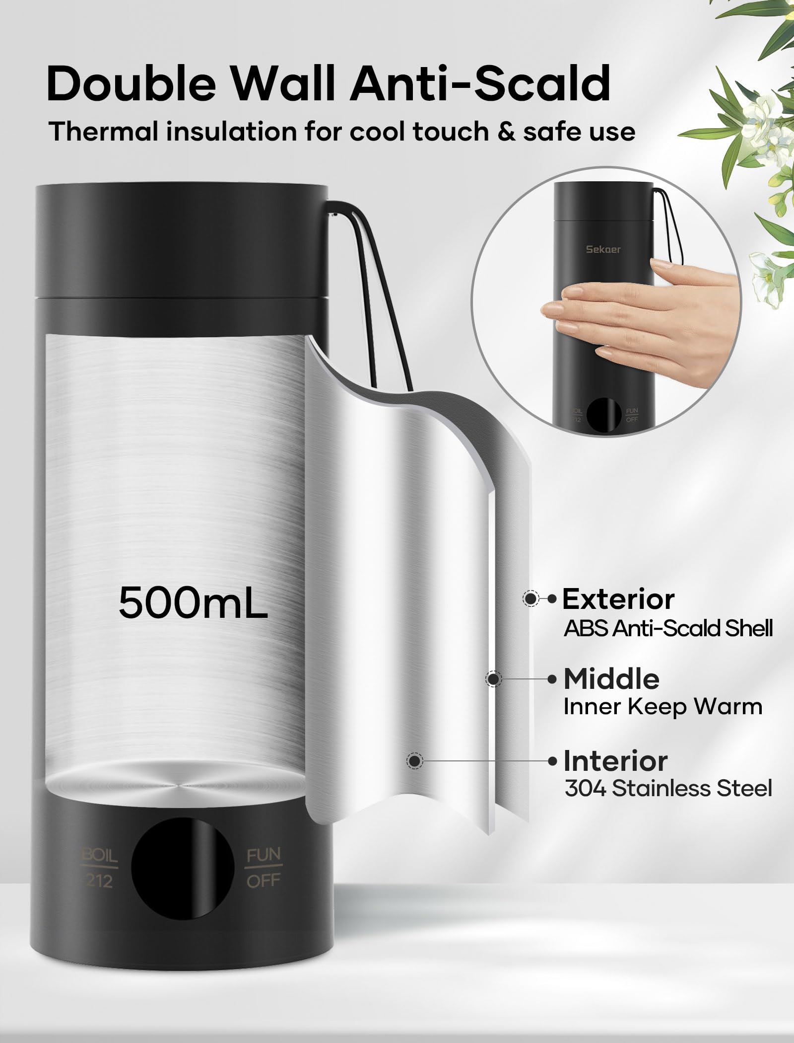 Sekaer Small Travel Portable Electric Kettle, Mini Tea Kettle Hot Water Boiler, 0.5L & 500Watts, with 4 Variable Presets and 304 Stainless Steel, SKE-850B