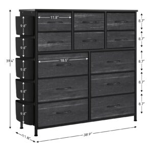 12 Dresser for Bedroom, Chest of Drawers for Bedroom with Side Pockets and Hooks, Fabric Storage Dresser, Sturdy Steel Frame, Wood Top, Easy Pull Handle (Charcoal Black)