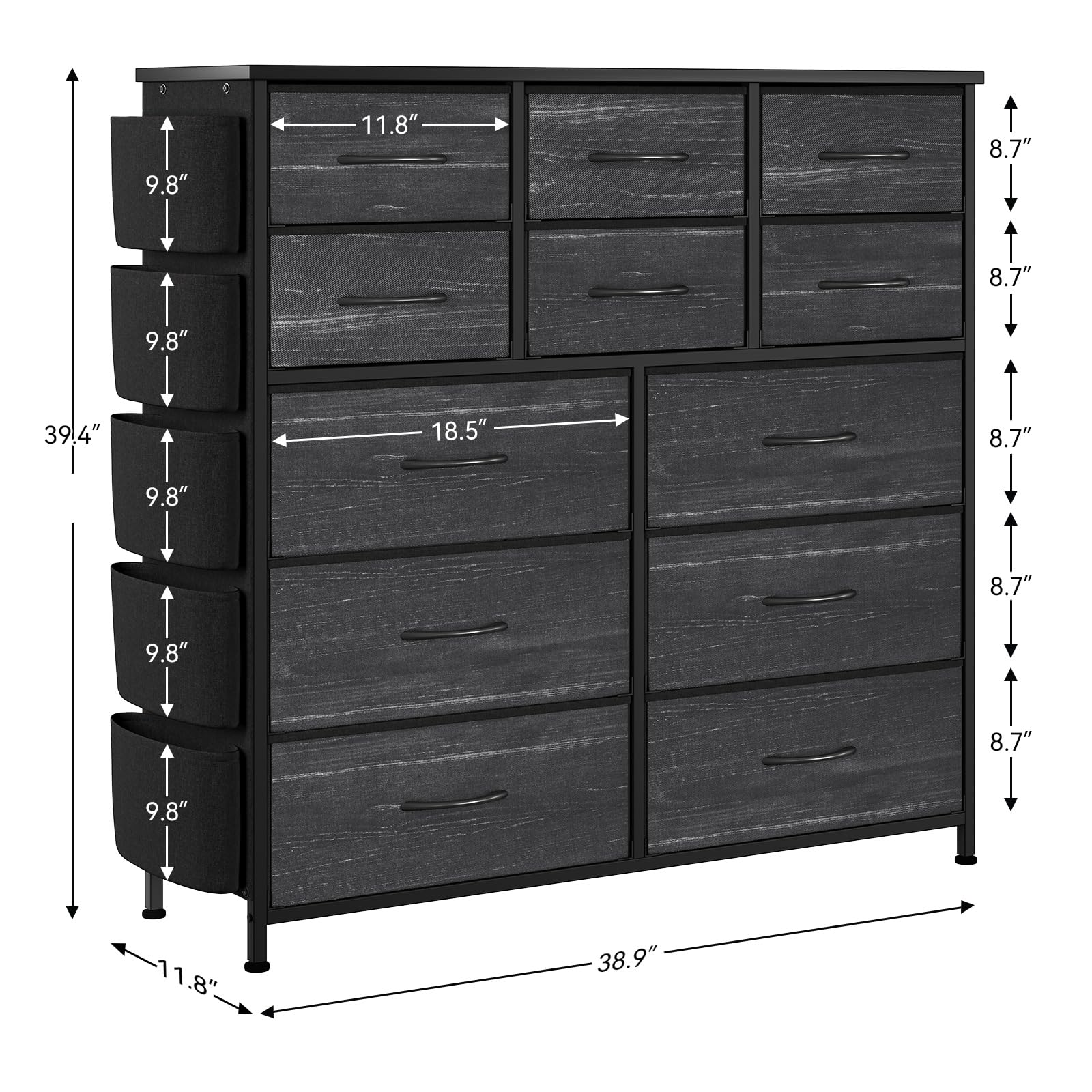 12 Dresser for Bedroom, Chest of Drawers for Bedroom with Side Pockets and Hooks, Fabric Storage Dresser, Sturdy Steel Frame, Wood Top, Easy Pull Handle (Charcoal Black)