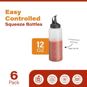 6 Pack Condiment Squeeze Bottles for Sauces - 12 Oz Squirt Bottles for Liquids, Easy Pour Sauce Bottles with Leak Proof Snap Cap, Condiment Bottles, Plastic Squeeze Bottles for Liquids, Ketchup, Oil