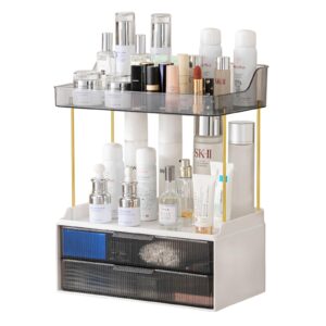 akinbas bathroom organizer countertop with stackable drawer high-capacity skincare cosmetic storage display cases with 2 drawers and 2 tray for bathroom(gray)