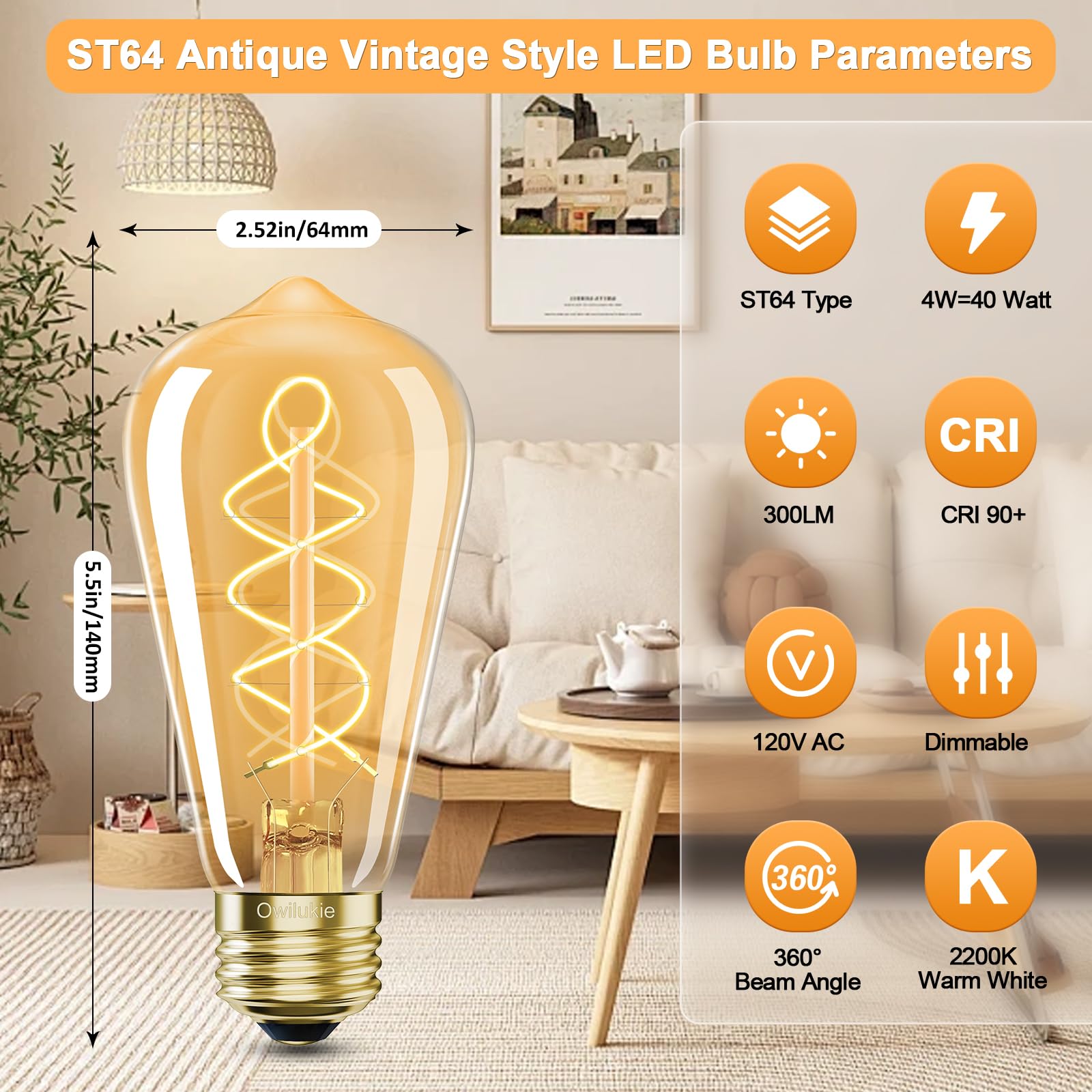 Owilukie E26 LED Bulb 4W Equivalent E26 Bulb 40 watt,Vintage Edison Bulbs,Warm White 2200K Amber E26 Edison Bulb dimmable, ST21/ST64 LED Light Bulb,AC120V,300lm,CR90+,Clear Glass,Pack of 4