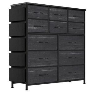 12 dresser for bedroom, chest of drawers for bedroom with side pockets and hooks, fabric storage dresser, sturdy steel frame, wood top, easy pull handle (charcoal black)