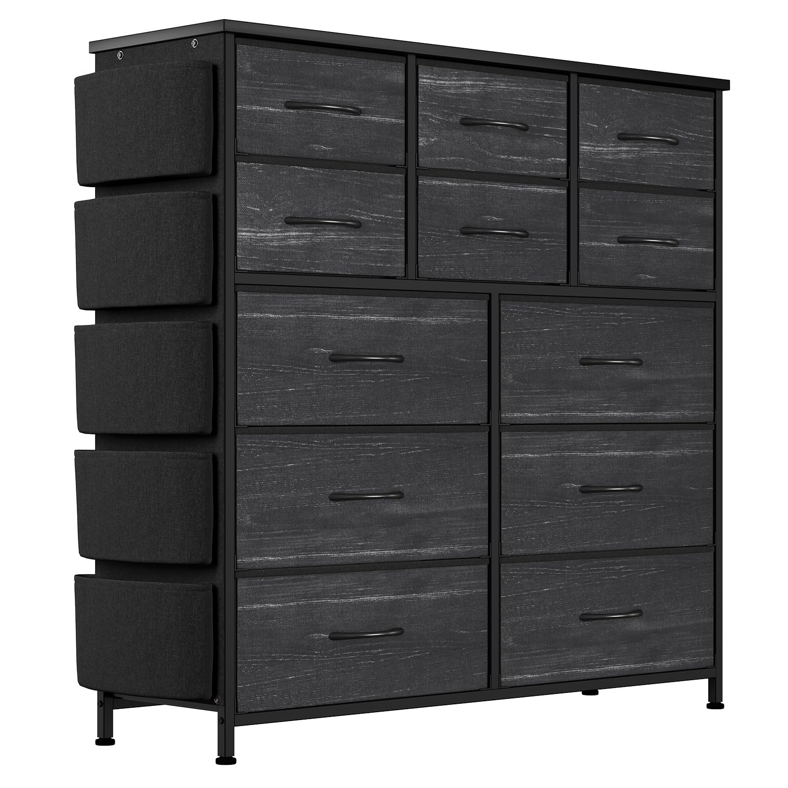 12 Dresser for Bedroom, Chest of Drawers for Bedroom with Side Pockets and Hooks, Fabric Storage Dresser, Sturdy Steel Frame, Wood Top, Easy Pull Handle (Charcoal Black)