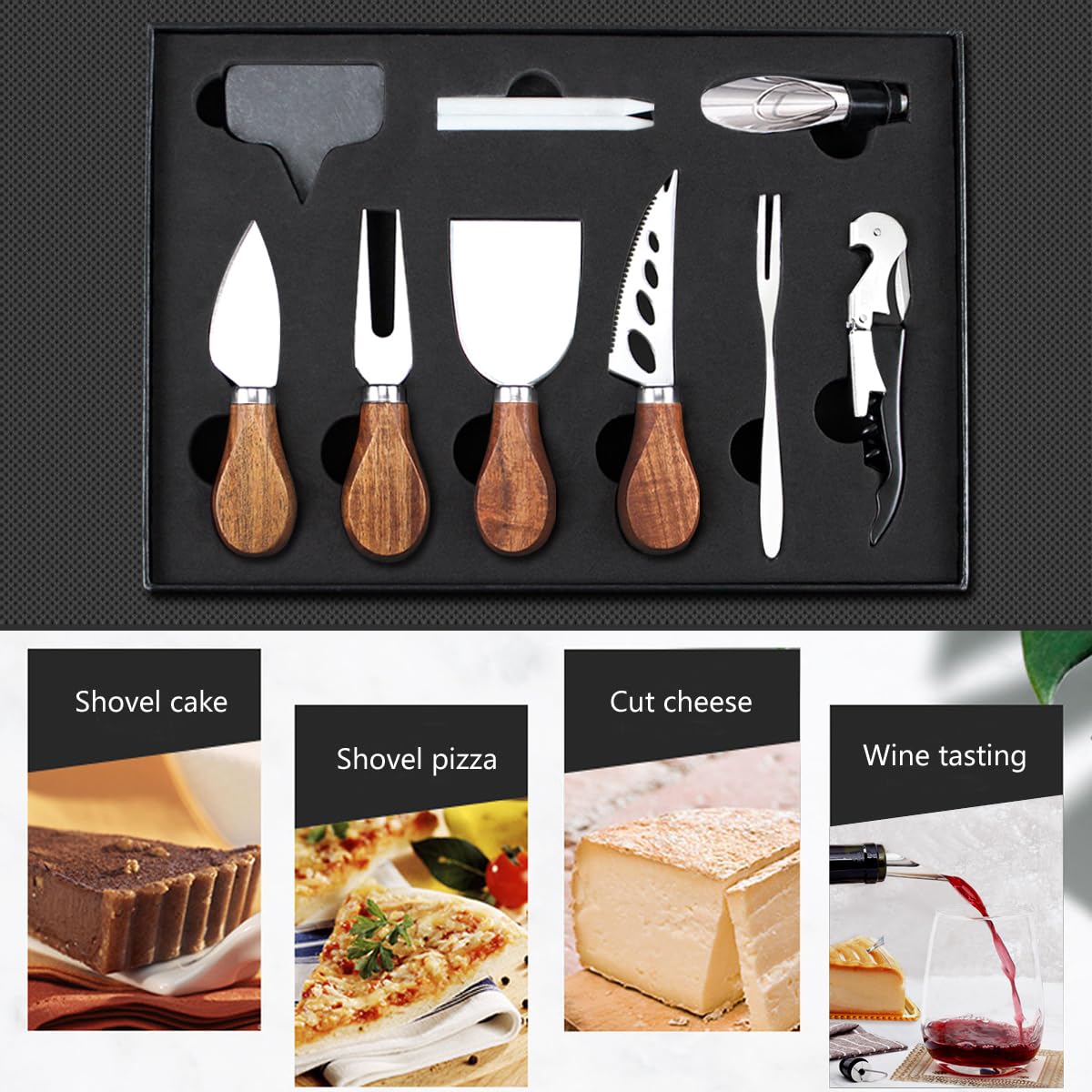 ANBFF Cheese Knife Set 14 Piece, Stainless Steel Cheese Knives, Charcuterie Boards Accessories, Butter Spreader Knife with Corkscrew Wine Opener and Pourer - Premium Gift Box