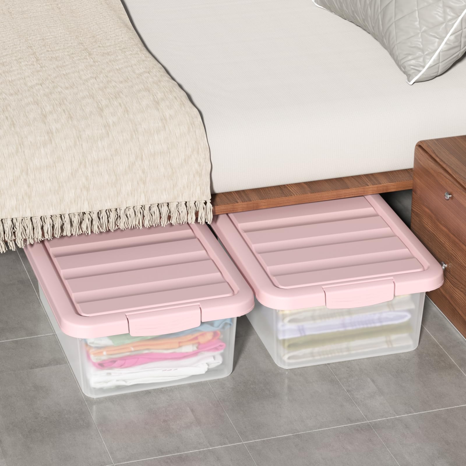 Ysmiltion 14 Quart Plastic Storage Latch Boxes with Pink Lids, Plastic Latching Storage Bins, 2 Packs