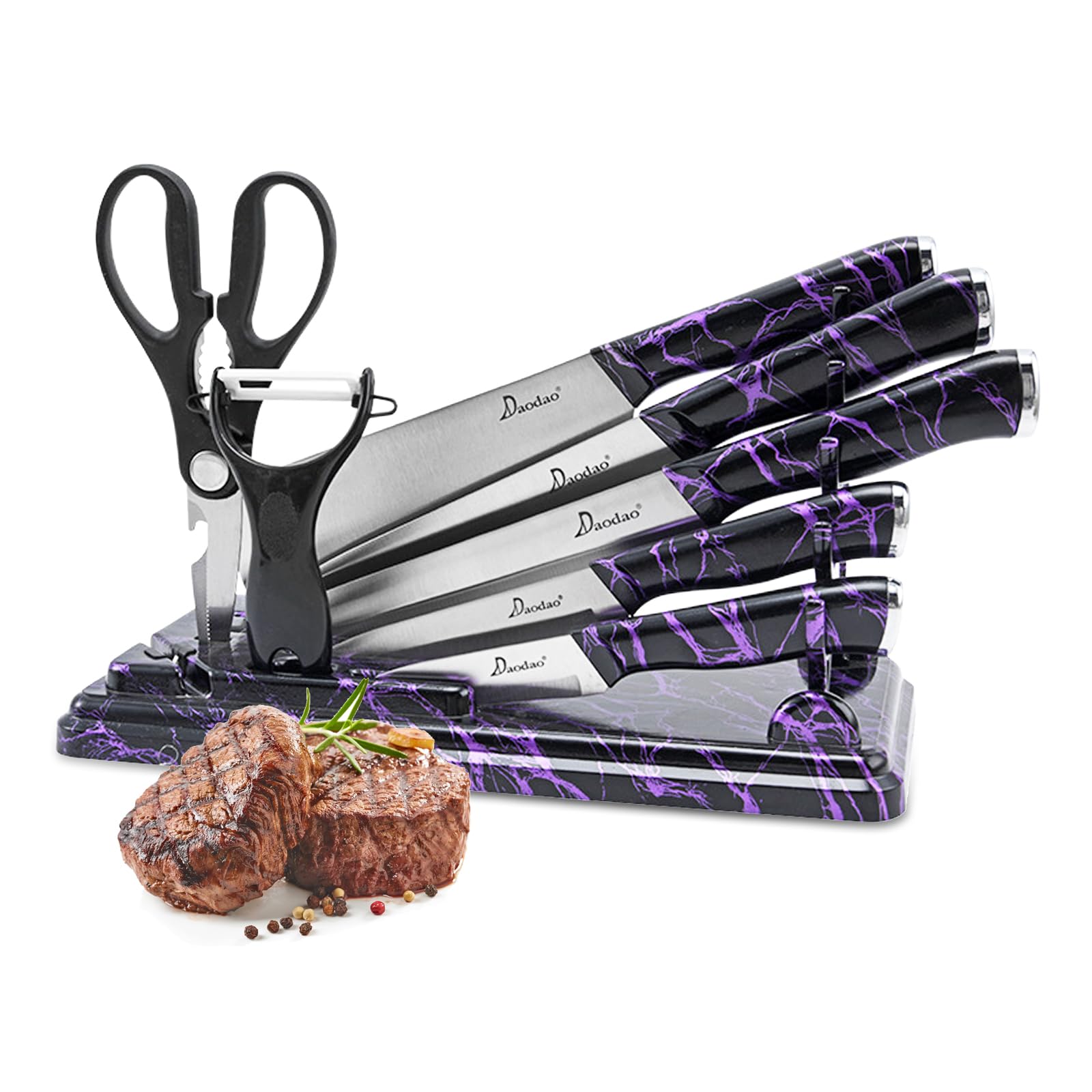 FTNESGYM Knife Set, 9-Piece Kitchen Knife Set with Block, Sharp Stainless Steel Chef Knife Set, Professional Cooking Knife Set with Foldable Cutting Board, Knives with Ergonomic Handle (Purple)