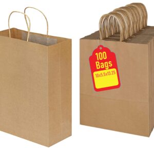 Premium 10x5x13 Paper Bags with Handles - Pack of 100, Kraft Paper Bags Ideal for Shopping, Wedding, Business, Retail, Craft, Gifts & More - Durable, 100% Recyclable Brown Quality Bags