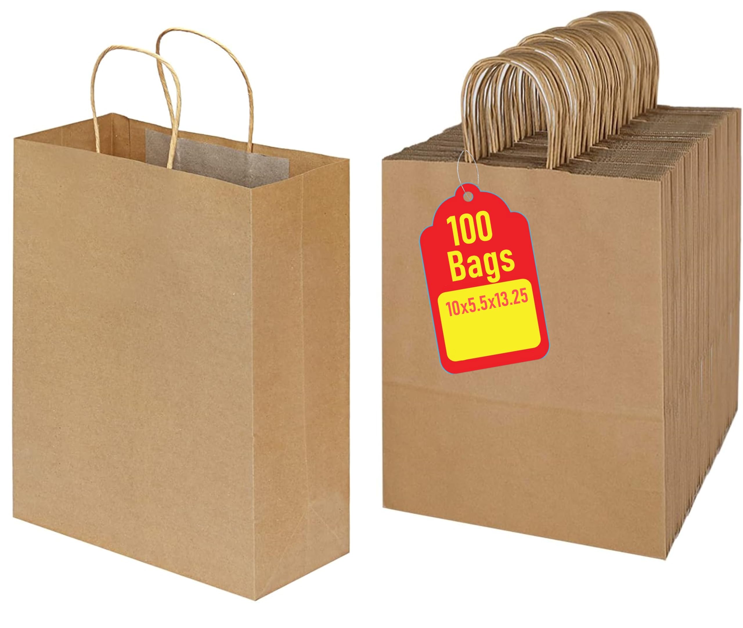 Premium 10x5x13 Paper Bags with Handles - Pack of 100, Kraft Paper Bags Ideal for Shopping, Wedding, Business, Retail, Craft, Gifts & More - Durable, 100% Recyclable Brown Quality Bags