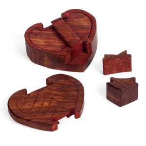 Lify All Natural Exotic Woods Puzzle Box, with Sliding Wooden Key Lock, Sliding Cover and Inner Lid to Hidden Compartment. Hand-made Wood Onlay Design on Lid.- 1 Piece (Heart (Double Open))