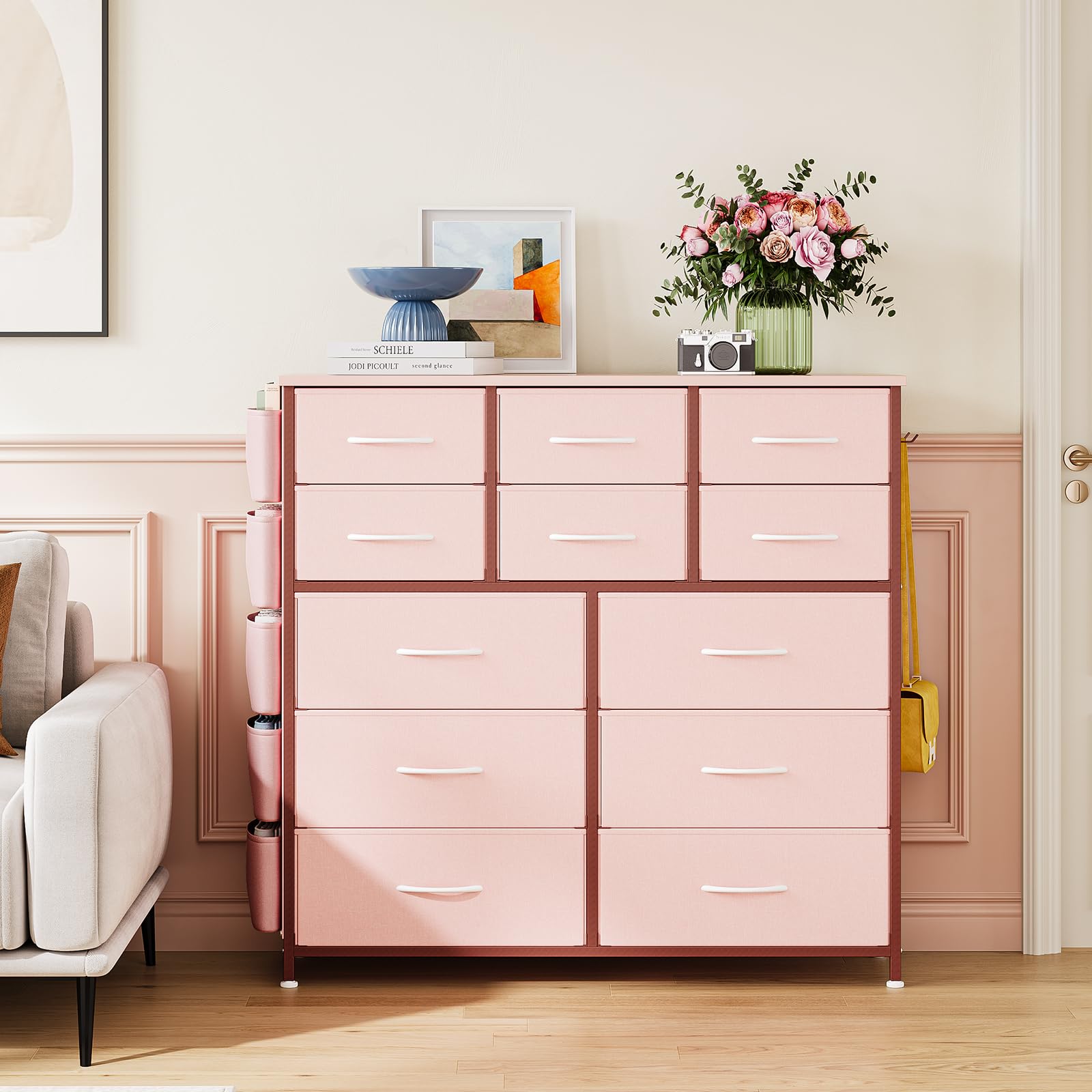 12 Dresser for Bedroom, Chest of Drawers for Bedroom with Side Pockets and Hooks, Fabric Storage Dresser, Sturdy Steel Frame, Wood Top, Easy Pull Handle (Pink)