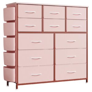 12 Dresser for Bedroom, Chest of Drawers for Bedroom with Side Pockets and Hooks, Fabric Storage Dresser, Sturdy Steel Frame, Wood Top, Easy Pull Handle (Pink)