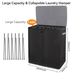 WOWLIVE Laundry Hamper with Lid,160L Large Laundry Basket 3 Section with Removable Washing Bags,Collapsible Waterproof Dirty Clothes Hamper for Laundry Room Bathroom Dorm,Black