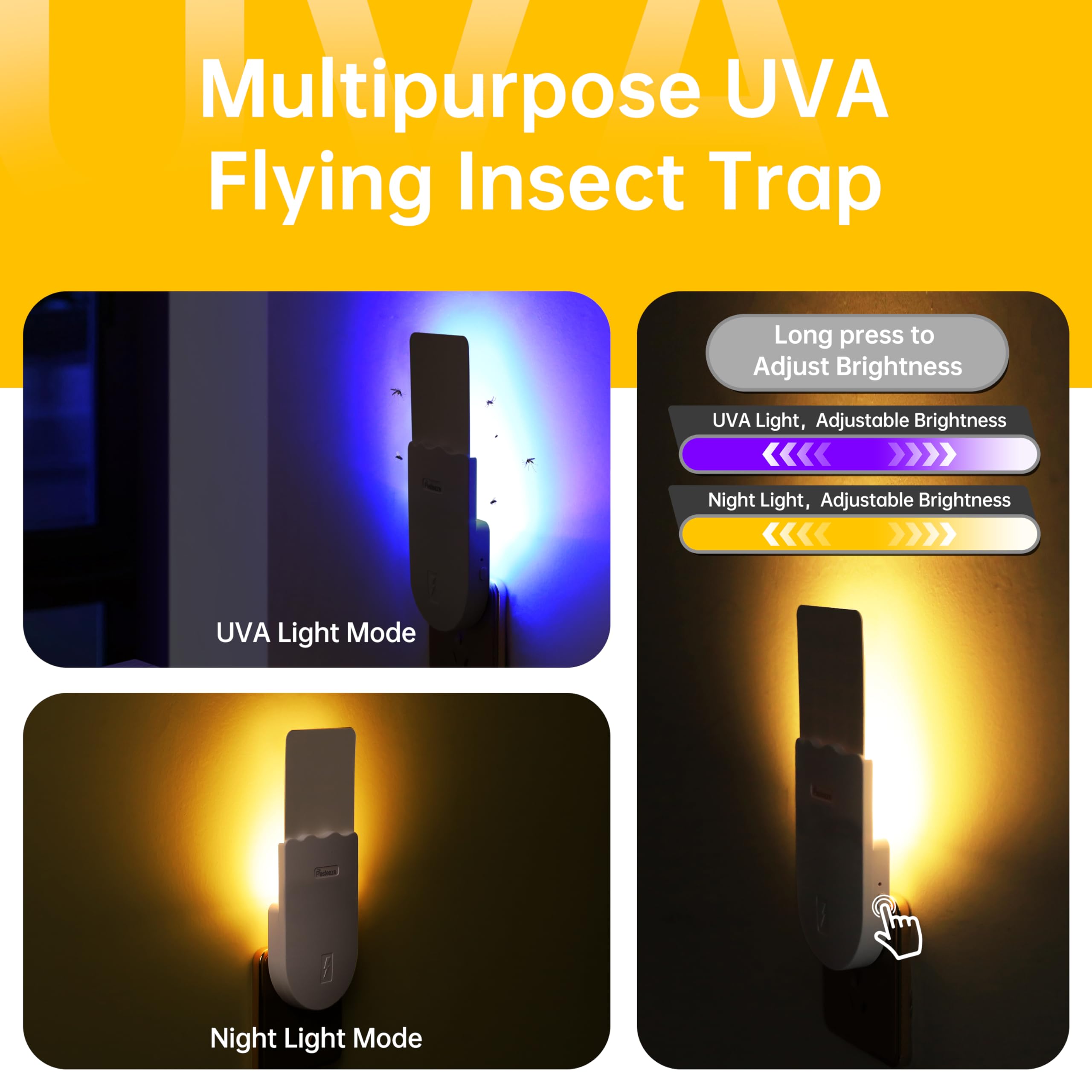 Pesteaze Indoor Plug-in Mosquito Killer, Flying Insect Trap for Flies, Fruit Flies, Moths & Gnats, with Adjustable Brightness UV Attractant Catcher & Night Light, 1 Device + 10 Glue Card Refills