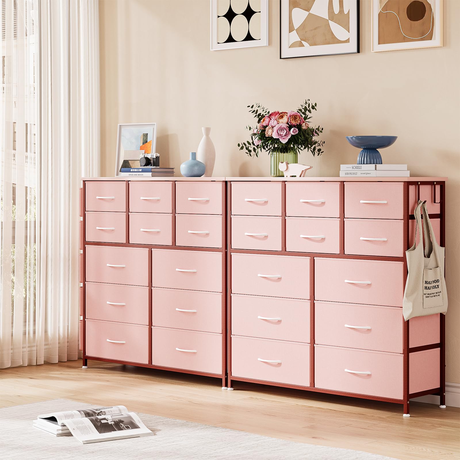 12 Dresser for Bedroom, Chest of Drawers for Bedroom with Side Pockets and Hooks, Fabric Storage Dresser, Sturdy Steel Frame, Wood Top, Easy Pull Handle (Pink)