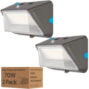 upgraded led wall pack lights with dusk to dawn photocell, 2pack led wall lights 70w ip65 waterproof wall mount outdoor wall lights fixture 8400lm 5000k daylight outdoor flood lights for warehouse