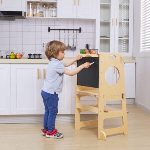 4-in-1 Foldable Kitchen Stool Helper with Safety Crossbar, Standing Toddlers Tower with Chalkboard for Learning, Montessori Folding Desk Table and Chair Set for Kids 1-6 Years