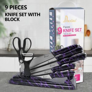 FTNESGYM Knife Set, 9-Piece Kitchen Knife Set with Block, Sharp Stainless Steel Chef Knife Set, Professional Cooking Knife Set with Foldable Cutting Board, Knives with Ergonomic Handle (Purple)