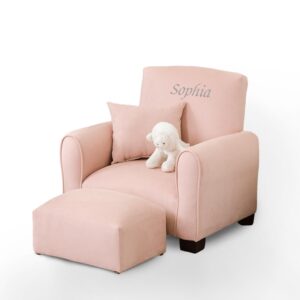 generic kids personalized chair, personalized kids upholstered rocking chair, toddler chair with personalized name, comfy kids armchair, kids chair with personalization (blush suede, legs), kc100l-pn