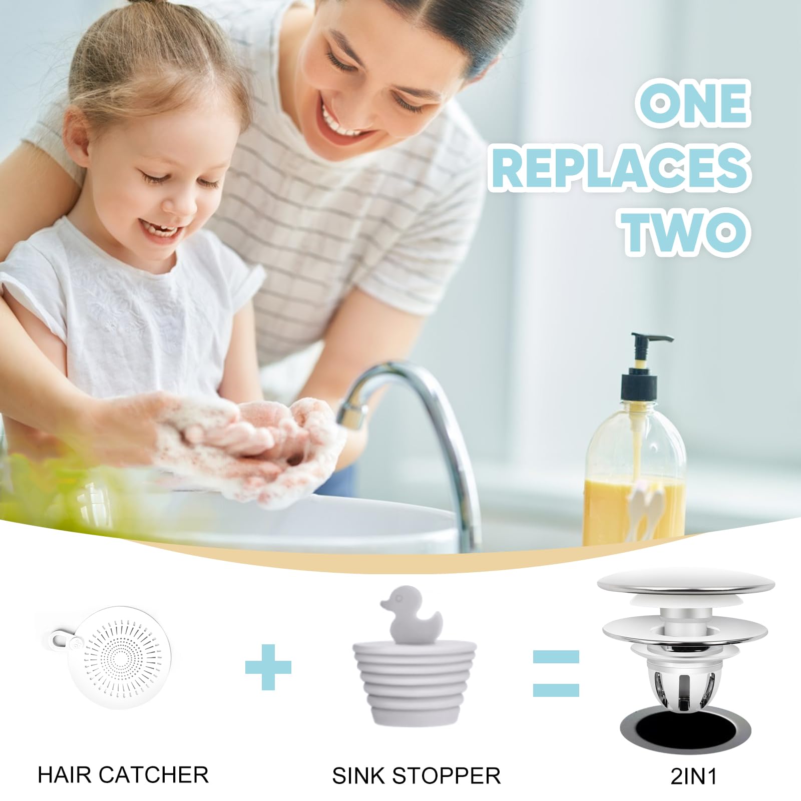 2 Pack Universal Bathroom Sink Stopper Magnetic - Pop Up Basin Sink Drain Strainer for 1.1~1.5 Inch, 2 in 1 U.S. Standard Sink Drain Strainer with Hair Catcher (Silver)