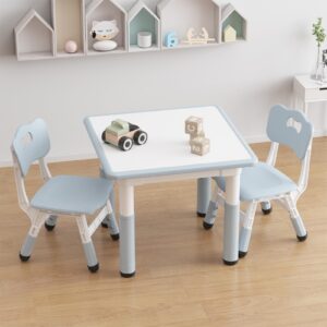 RONIPIC Height Adjustable Toddler Table and 2 Chairs Set with Graffiti Desktop, Kids Table and Chairs Set, Non-Slip Legs, Kids Activity Table for Home, Nursery, Blue