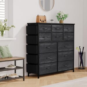 12 Dresser for Bedroom, Chest of Drawers for Bedroom with Side Pockets and Hooks, Fabric Storage Dresser, Sturdy Steel Frame, Wood Top, Easy Pull Handle (Charcoal Black)