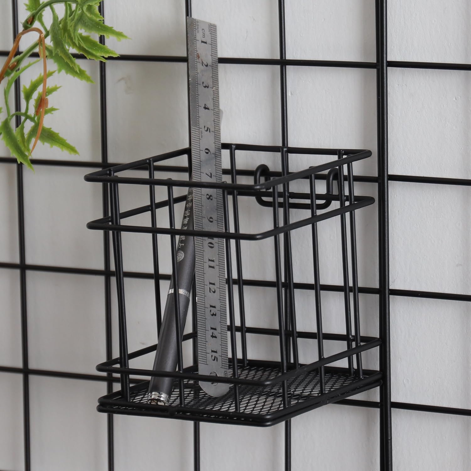 PEAUARL Metal Mesh Wall Grid Panel Hanging Basket,Display Shelf,Pen Holder,Hooks Rack,Bookshelf,Decorative Desk Storage Organizer for Office,Study,Set of 5 (Black)