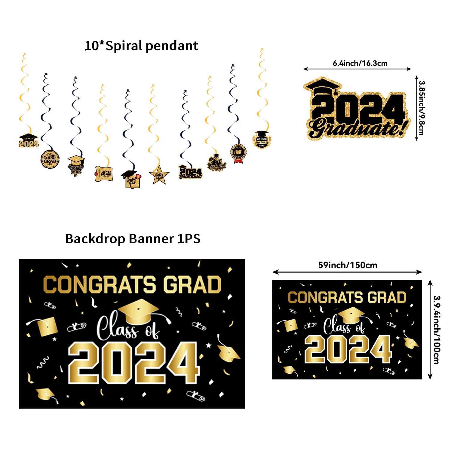 Graduation Decorations Class of 2024,Gold Themed Graduation Decorations Set,Class of 2024 Backdrop Banner,Graduation Hanging Swirl,Balloons and Honeycomb Supplies for Graduation Party (Gold)