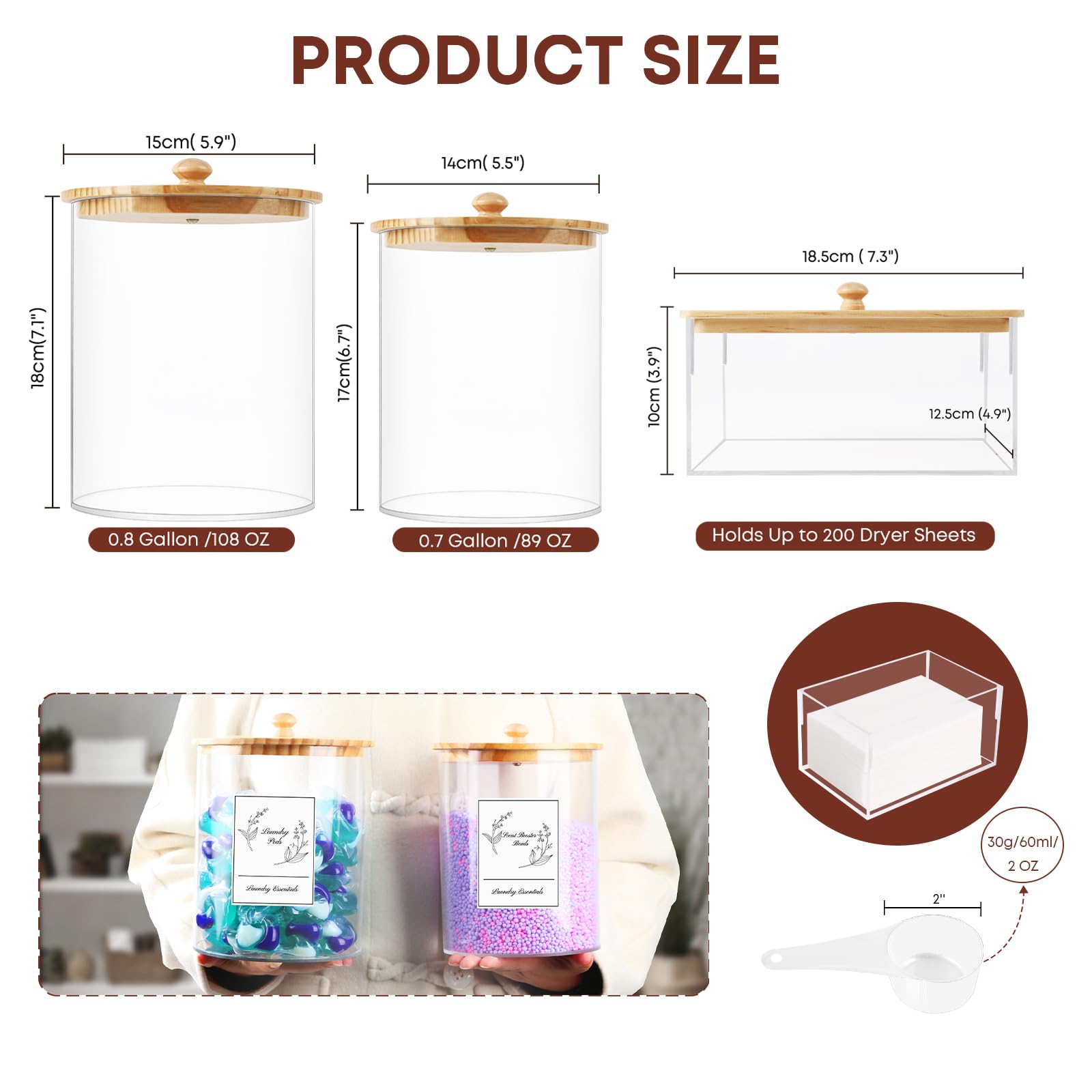 COAZEX 3 Pack Acrylic Laundry Powder Container & Dryer Sheet Holder, Large Laundry Room Organization Jars and Storage Box Dispenser with Lid, Labels & Scoop for Powder, Detergent, Scent Booster