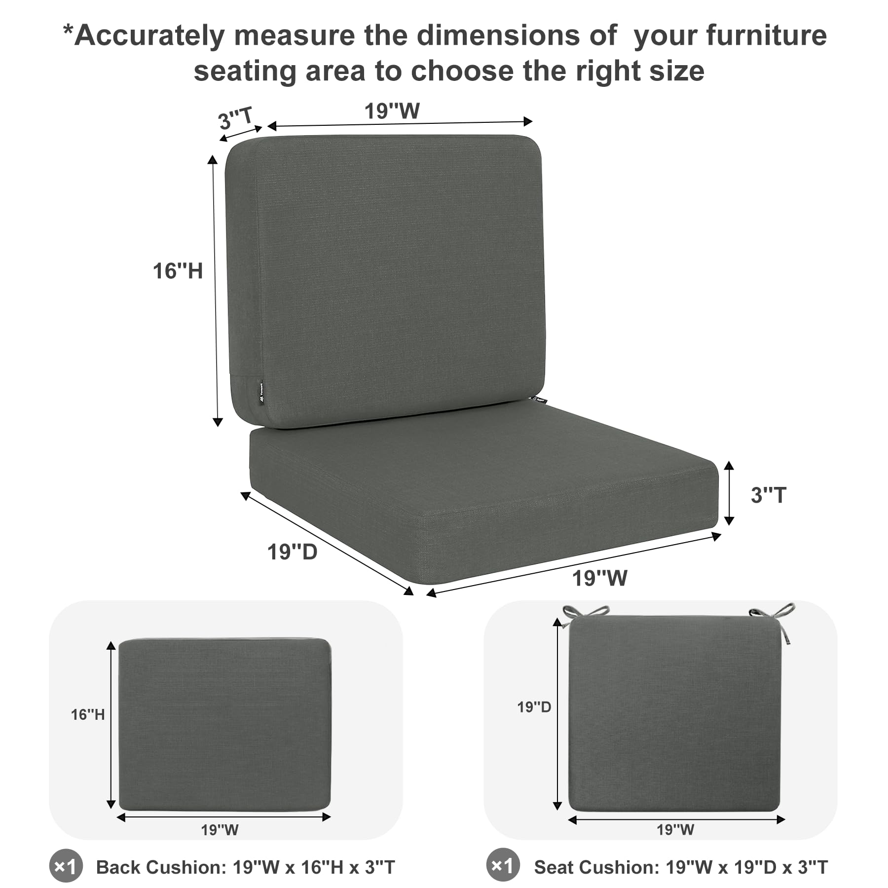 Favoyard Outdoor Deep Seat Cushion Set, 19 x 19 Inch Rainproof & 3-Year Fade Resistant Patio Furniture Cushions, Removable Seat Bottom & Back Cushion covers with Ties for Chair, Sofa, Couch, Dark Grey